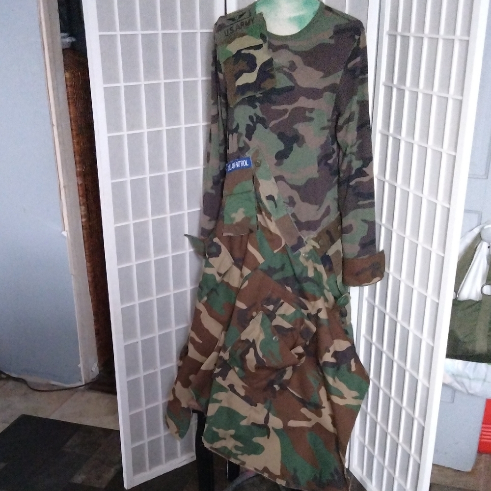 Upcycle / Refurbished Camouflage Asymmetrical Long Sleeve Maxi Dress - Picture 2 of 16